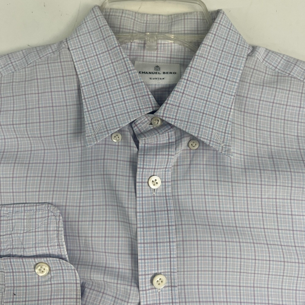 Emanuel Berg Shirt Mens 16 Blue Check Classic Dress Long Sleeve Spread Collar